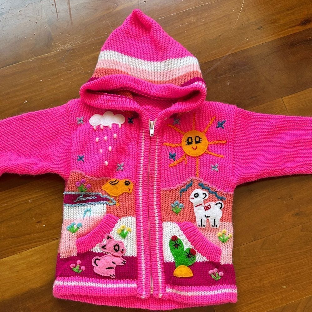 Kids Pink Knitted Jacket with Fun Animal Design